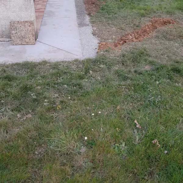 Pelouse avec tranchée de jardinage réalisée par sola près d’un trottoir en pierre à limoux